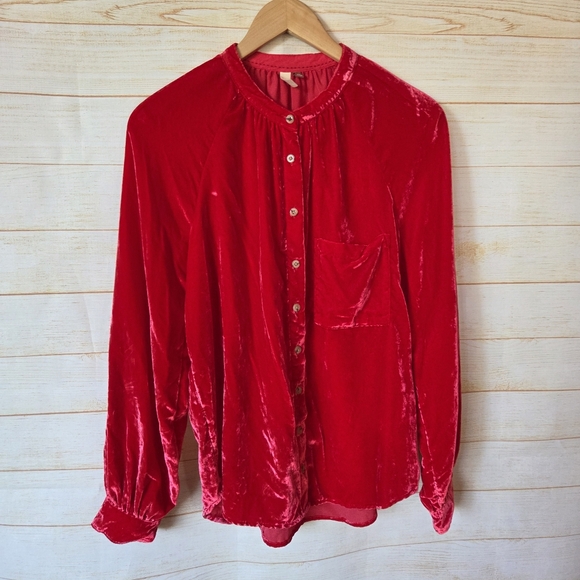 Pilcro Puff Sleeve Velvet Front Buttons Long Sleeve Vibrant Blouse Shirt Medium - Picture 6 of 14